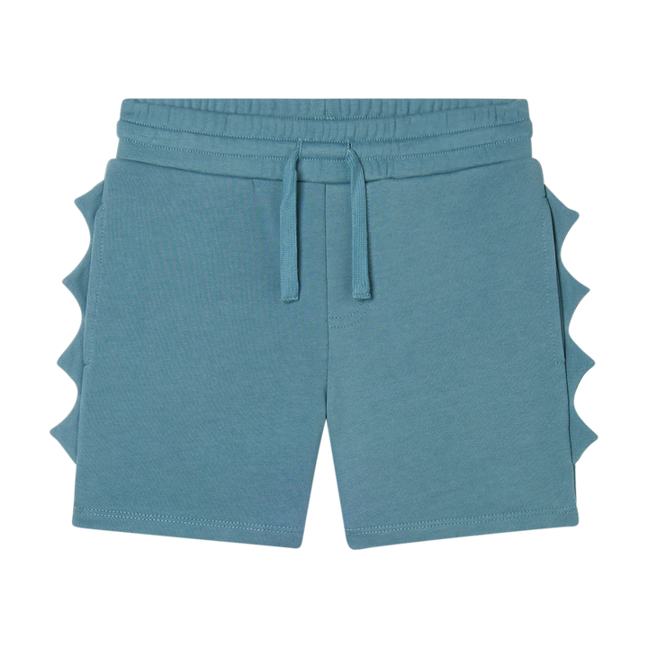 petrolfarbene Shorts für Jungen aus 100% Baumwolle in Jersey-Qualität mit angenähten Haifisch-Zacken an der Seite, verstellbarem Gummibund, Eingriffstaschen und einer Gesäßtasche