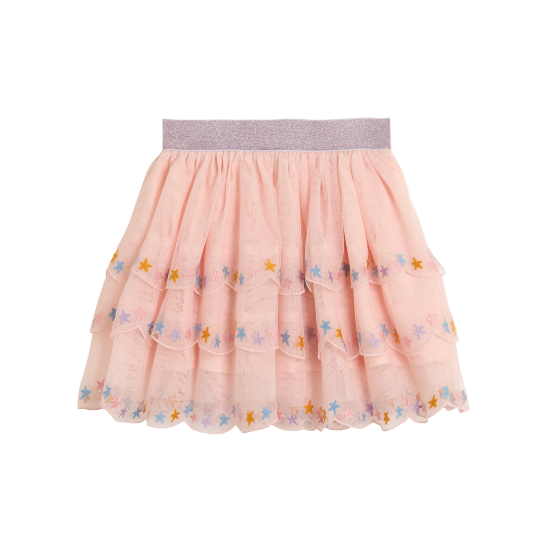 Rosafarbener Stufenrock aus mehrlagigem Tüll mit aufgestickten bunten Sternen und einem violetten, schimmernden Gummibund, Unterrock aus 100% Viskose