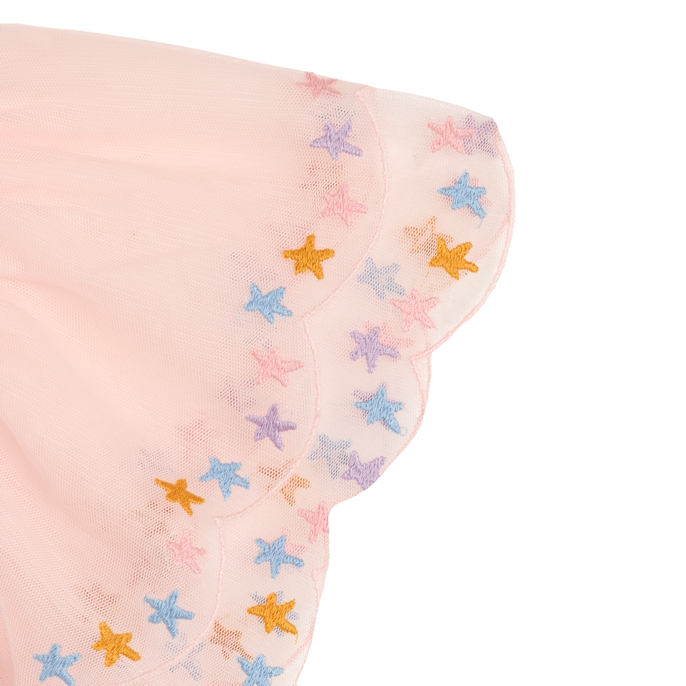 Stella McCartney TY8D11 Cotton Jersey Shirt white , Detailansicht rosafarbener Tüll-Ärmel mit bunten aufgestickten Sternen