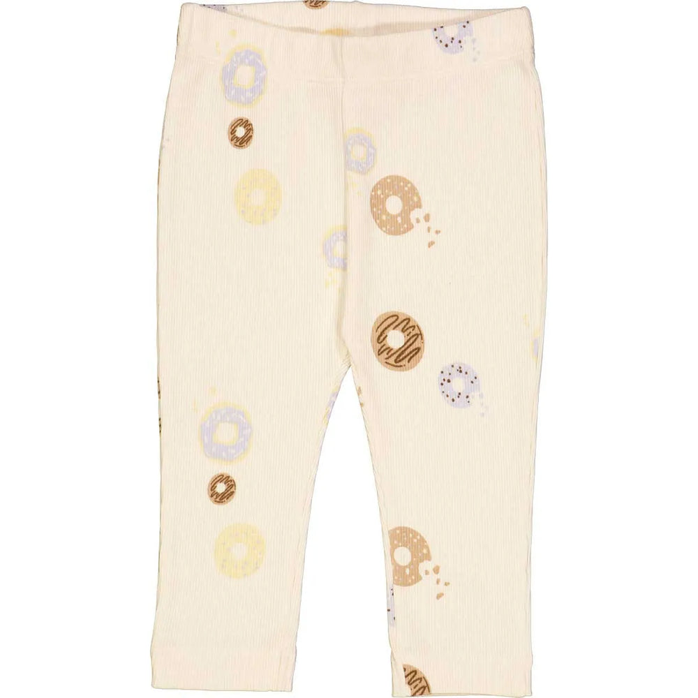 cremefarbene Leggings für Babys mit buntem Donut Allover-Print, in gerippter Jersey-Qualität mit Gummibund. Produktbild, Ansicht der Vorderseite. 