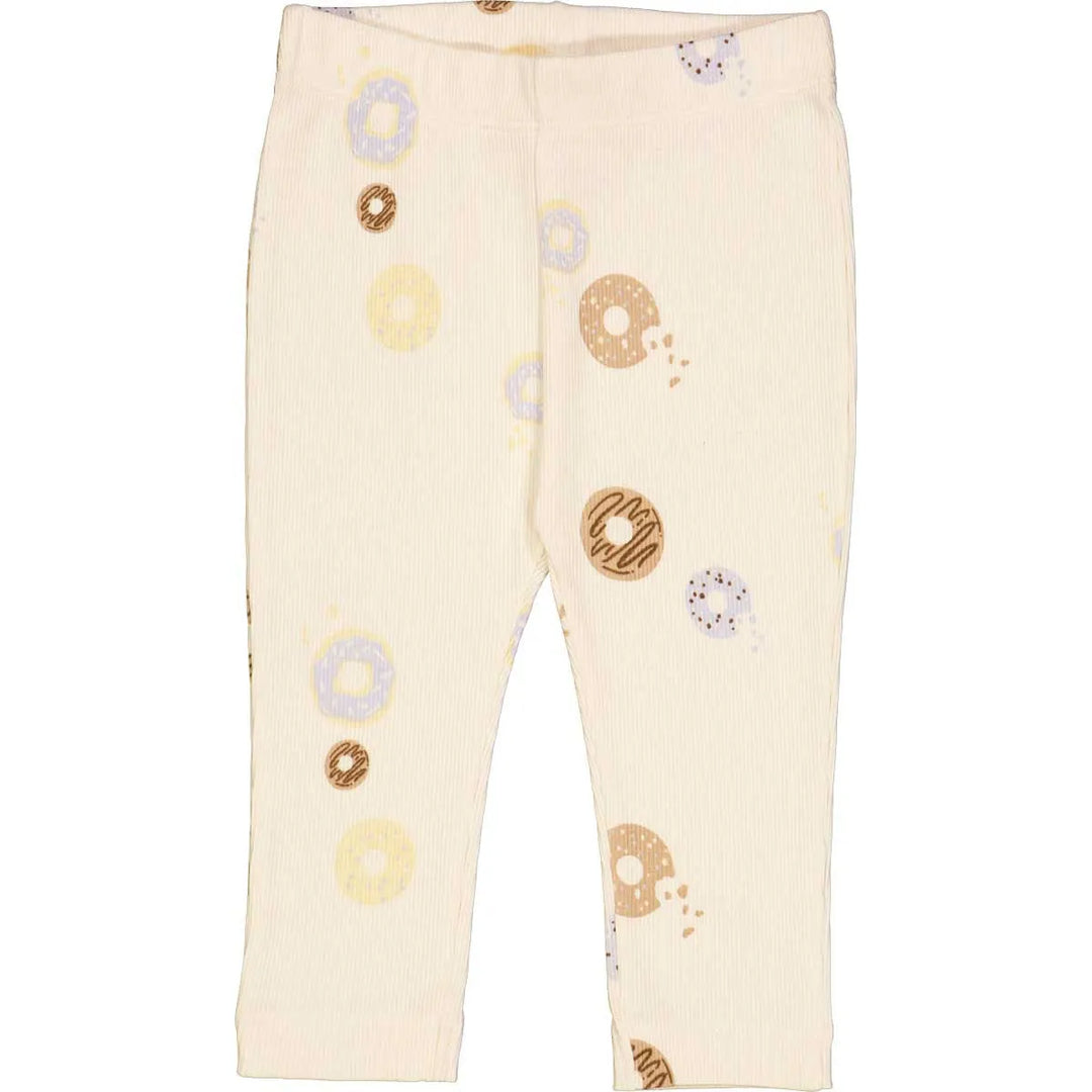 cremefarbene Leggings für Babys mit buntem Donut Allover-Print, in gerippter Jersey-Qualität mit Gummibund. Produktbild, Ansicht der Vorderseite. 