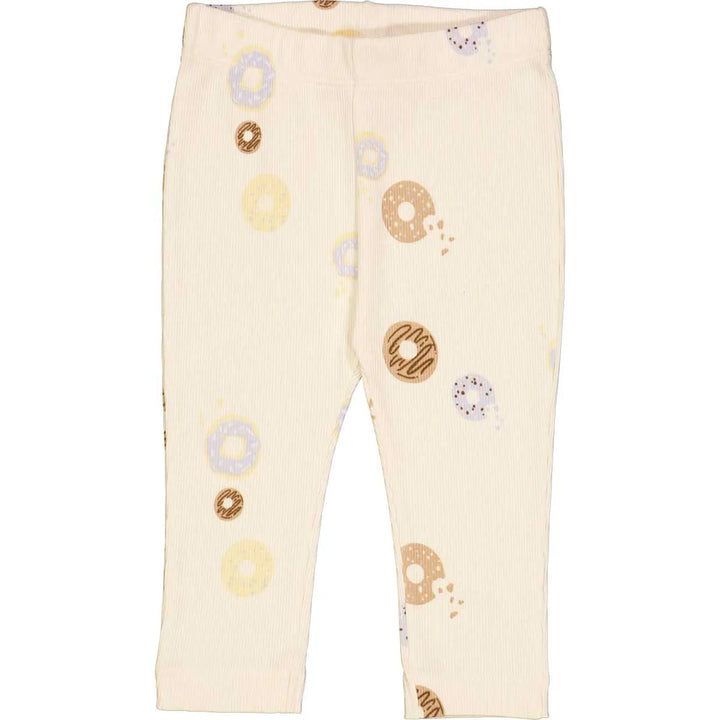 cremefarbene Leggings für Babys mit buntem Donut Allover-Print, in gerippter Jersey-Qualität mit Gummibund. Produktbild, Ansicht der Vorderseite. 