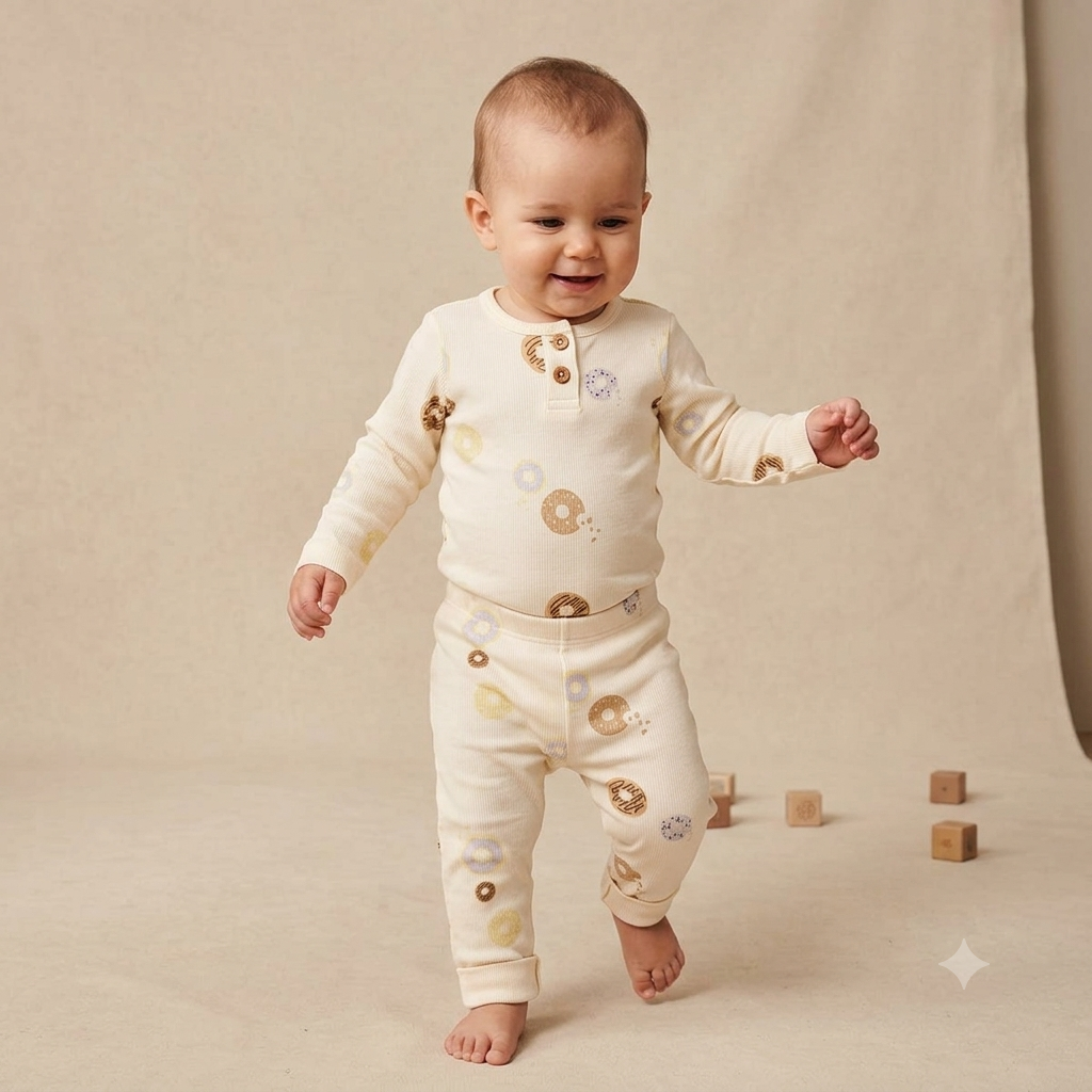 VacVac Havin Leggings VAC330-DonutDash getragen von einem laufenden Baby, kombiniert mit dem Body Billie donut dash. Ansicht von vorne. 