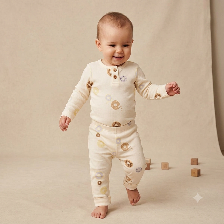 VacVac Havin Leggings VAC330-DonutDash getragen von einem laufenden Baby, kombiniert mit dem Body Billie donut dash. Ansicht von vorne. 