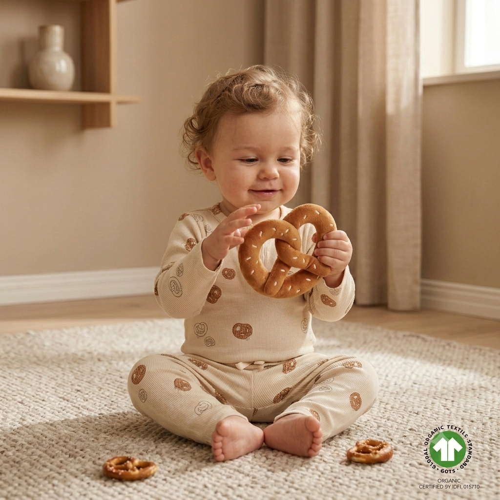 Harper Hose und Billie Body im Pretzel Pop Design getragen von einem Baby, das auf dem Fußboden sitzt und mit einer Plüsch-Brezel spielt. 
