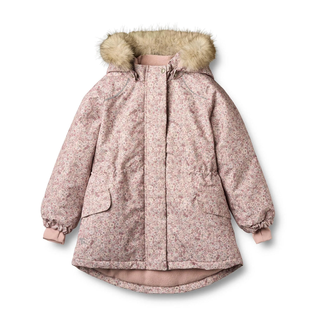 gefütterte Winterjacke für Mädchen aus recyceltem Polyester mit rosafarbenem Blumenrpint, Reißverschluss und abnehmbarer Kapuze mit Kunstfell