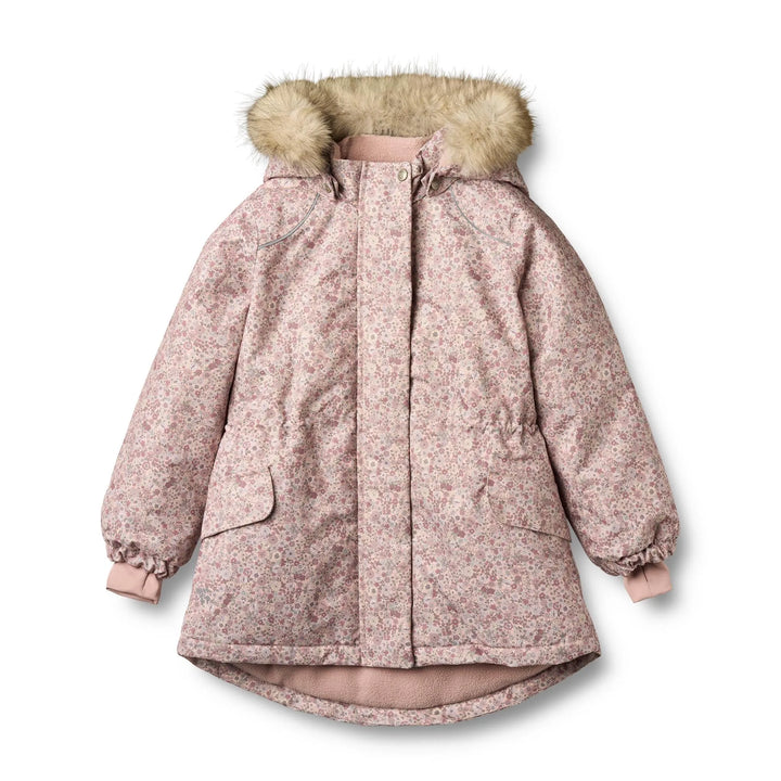 gefütterte Winterjacke für Mädchen aus recyceltem Polyester mit rosafarbenem Blumenrpint, Reißverschluss und abnehmbarer Kapuze mit Kunstfell