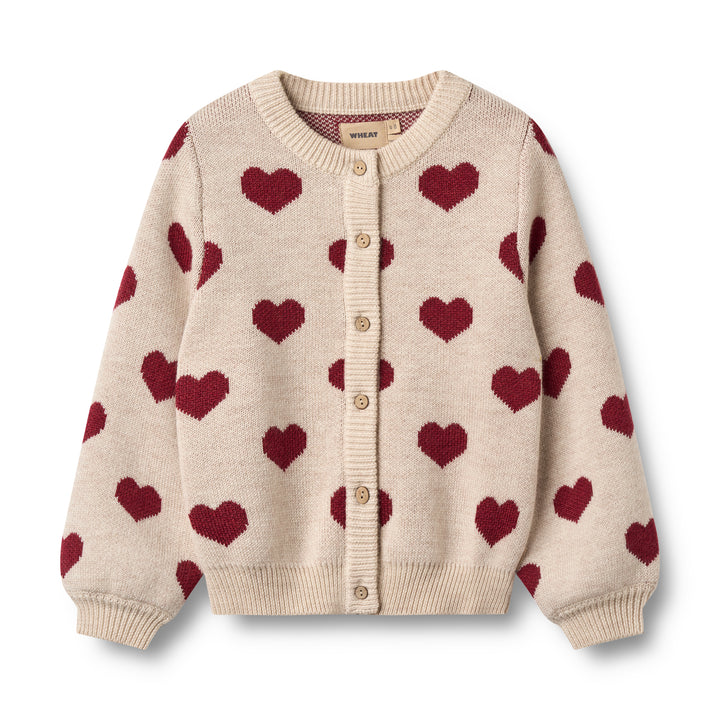 cremefarbene Strickjacke für Mädchen aus Merinowolle mit Knopfleiste und rotem Herzmuster