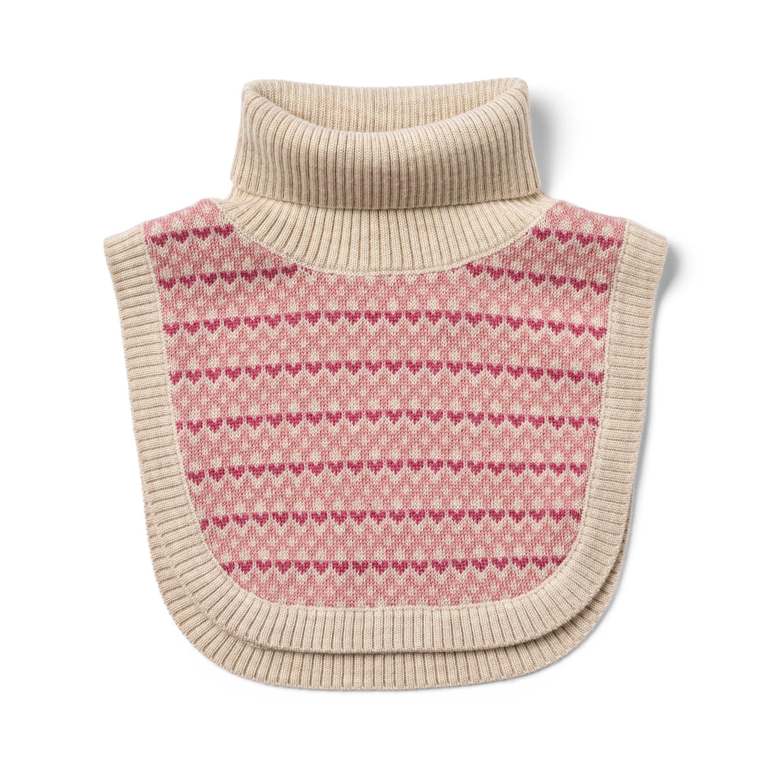 cremefarbener Halswärmer mit Rollkragen und Jacquard Muster rosa pinke Herzen Merinowolle