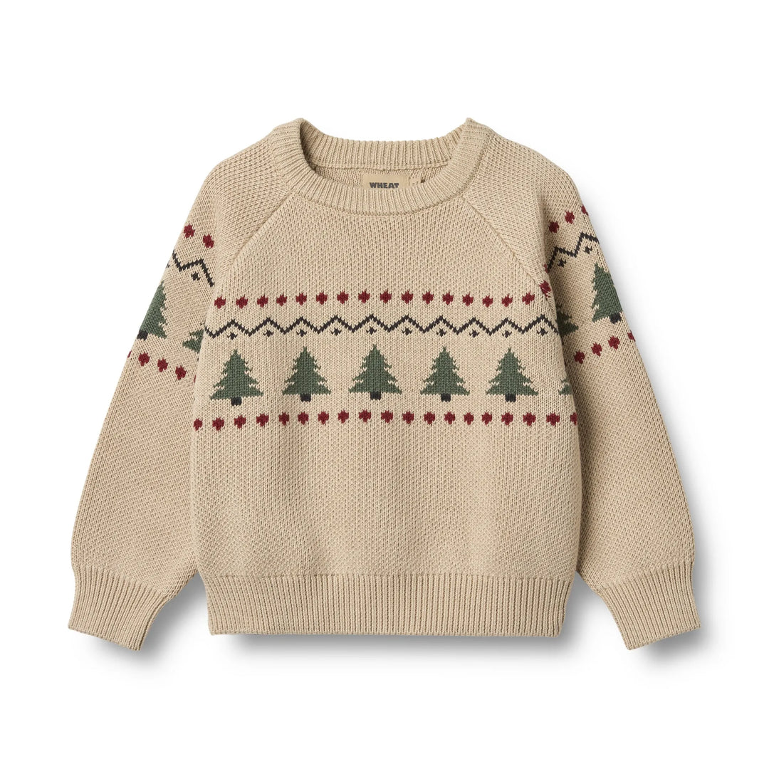 Strickpullover für Jungen aus Bio-Baumwolle in beige mit Jacquard Muster Weihnachtsbäume