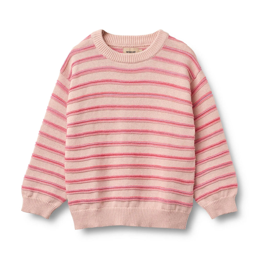 rosafarbener Pullover für Mädchen aus Bio-Baumwolle mit eingestrickten, pink melierten Querstreifen, Rundhalsausschnitt und gerippten Bündchen, Ansicht von vorne