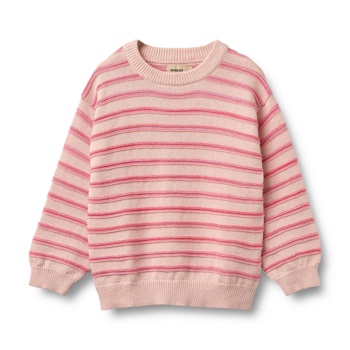 rosafarbener Pullover für Mädchen aus Bio-Baumwolle mit eingestrickten, pink melierten Querstreifen, Rundhalsausschnitt und gerippten Bündchen, Ansicht von vorne