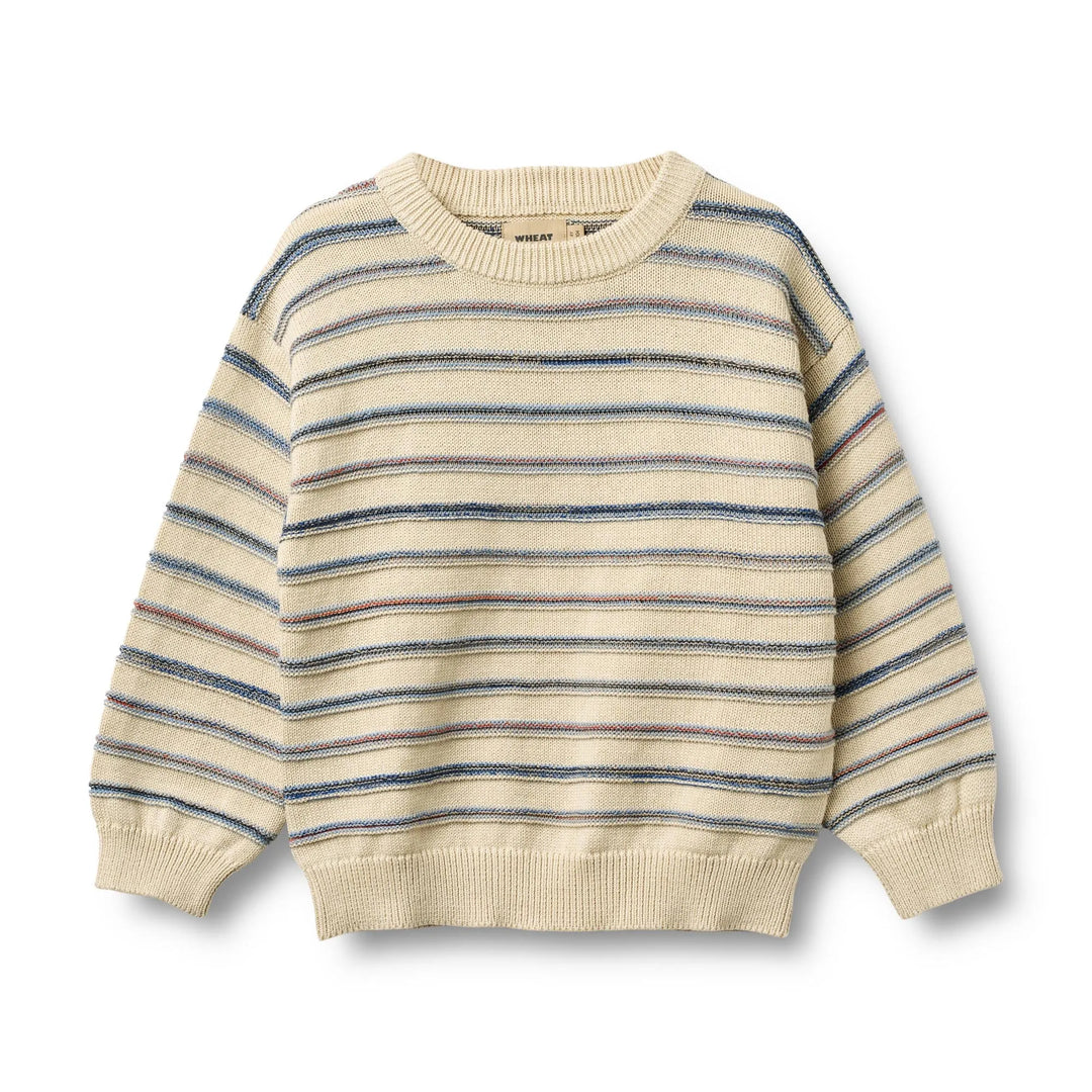beigefarbener Strickpullover mit blauen melierten Querstreifen für Kinder aus Bio-Baumwolle mit Rundhalsausschnitt und gerippten Bündchen an den Ärmeln und am Saum, Ansicht von vorne