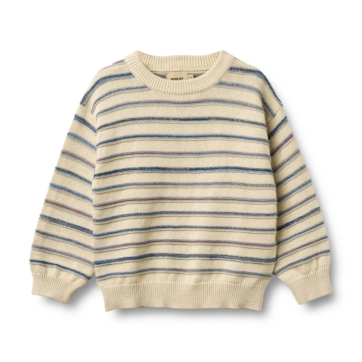 beigefarbener Strickpullover mit blauen melierten Querstreifen für Kinder aus Bio-Baumwolle mit Rundhalsausschnitt und gerippten Bündchen an den Ärmeln und am Saum, Ansicht von vorne