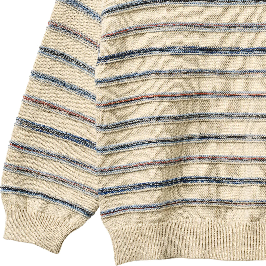 Wheat Jacquard Pullover Harlow sandshell stripe Detailansicht blau melierte Streifen und gerippte Bündchen an Saum und Ärmeln