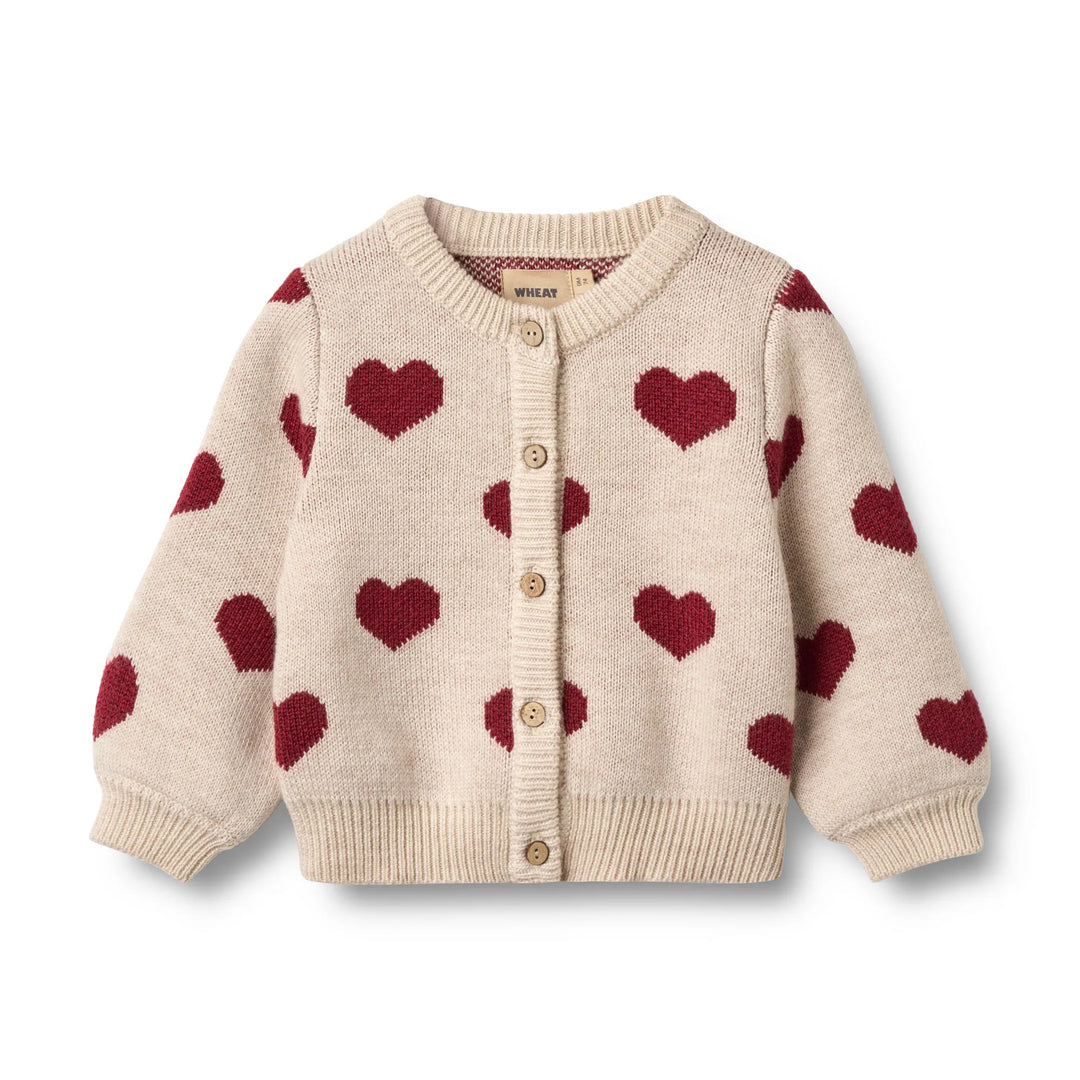 cremefarbene Strickjacke für Baby-Mädchen aus Merinowolle mit rotem Herzmuster