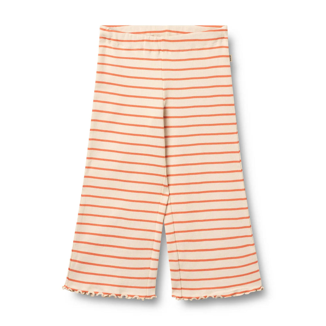 beigefarbene Hose für Mädchen aus Bio-Baumwolle in Jersey-Qualität mit orangefarbenen Querstreifen, weitem Bein, gekräuseltem Beinabschluss und Gummibund