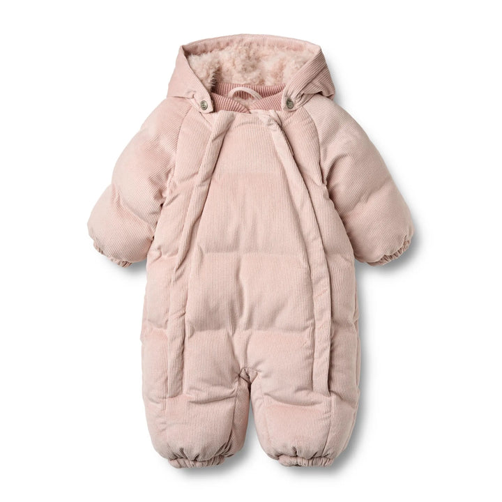 rosafarbene gesteppter Overall für Babys aus Cord aus recyceltem Polyester mit doppeltem Reißverschluss und abnehmbarer Kapuze