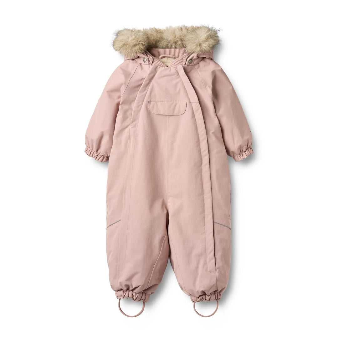 gefütterter Schneeanzug für Baby-Mädchen in rosa aus recyceltem Nylon mit Reißverschluss und abnehmbarer Kapuze mit Kunstfell