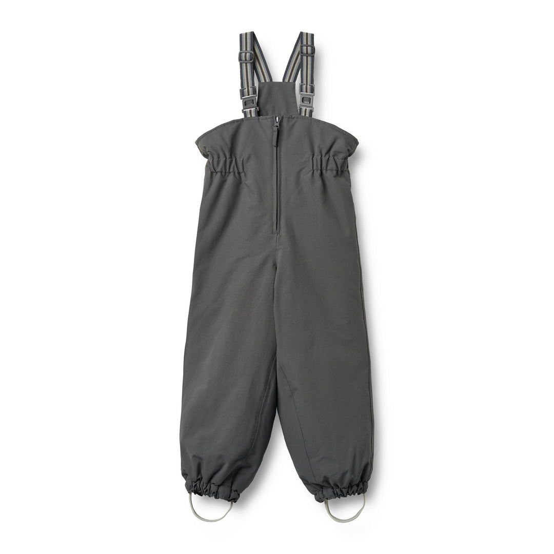 gefütterte Skihose Schneehose für Kinder aus recyceltem Nylon in graublau mit Reißverschluss, verstellbaren Hosenträgern und Schlaufen an den Füßen