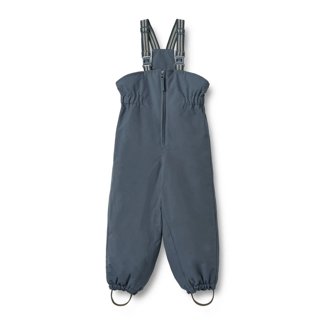 gefütterte Skihose Schneehose für Kinder aus recyceltem Nylon in dunkelblau mit Reißverschluss, verstellbaren Hosenträgern und Schlaufen an den Füßen