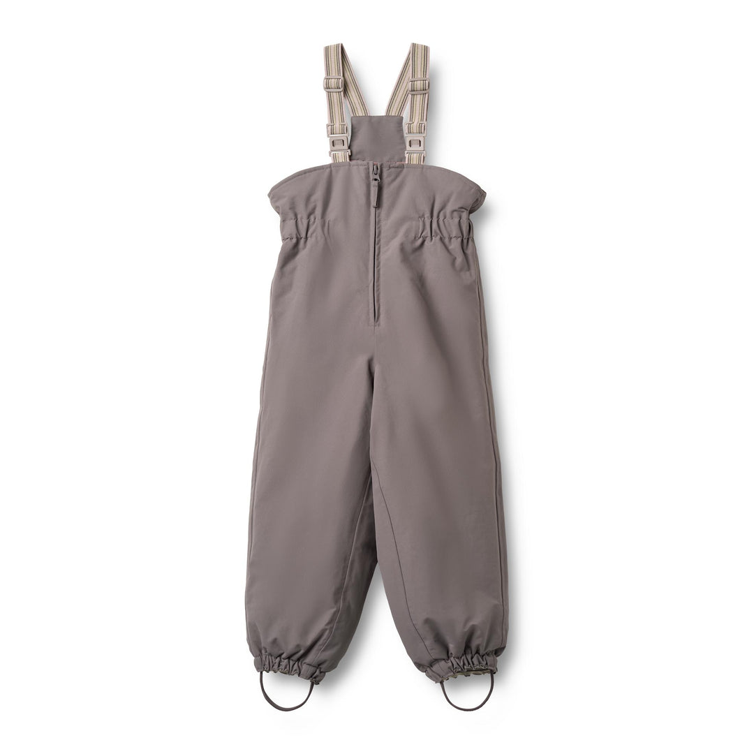 gefütterte Skihose Schneehose für Kinder aus recyceltem Nylon in grau-violett mit Reißverschluss, verstellbaren Hosenträgern und Schlaufen an den Füßen