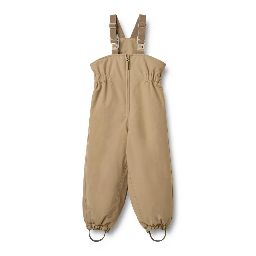 gefütterte Skihose Schneehose für Kinder aus recyceltem Nylon in beige mit Reißverschluss, verstellbaren Hosenträgern und Schlaufen an den Füßen