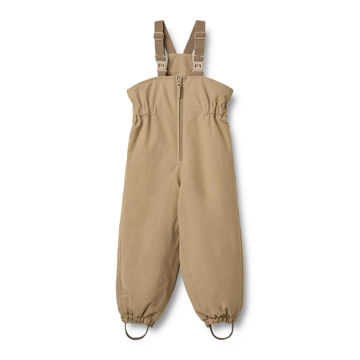 gefütterte Skihose Schneehose für Kinder aus recyceltem Nylon in beige mit Reißverschluss, verstellbaren Hosenträgern und Schlaufen an den Füßen