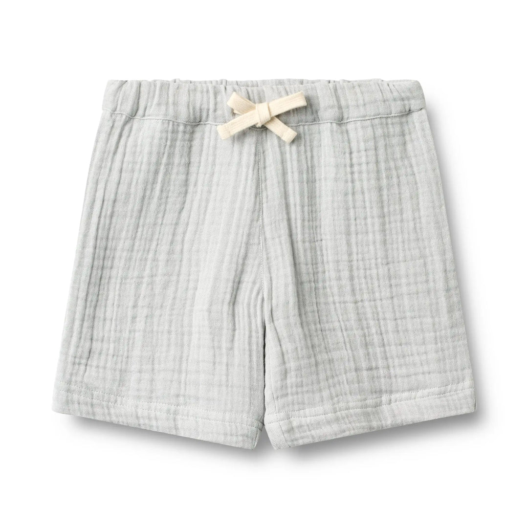 hellblaue Shorts aus Baumwoll-Musselin für Jungen mit Gummibund und Kordelzug, Produktbild, Ansicht von vorne