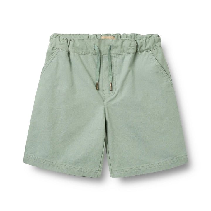 graugrüne Shorts für Jungen aus Bio-Baumwolle mit Gummibund und Kordelzug, seitlichen Eingriffstaschen und zwei Gesäßtaschen, Produktbild, Ansicht von vorne