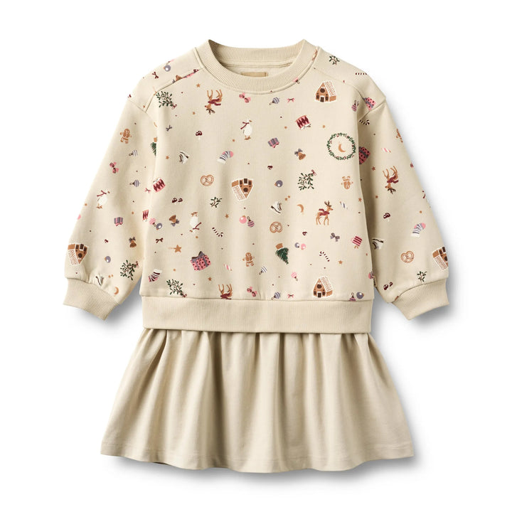 cremefarbenes Sweatkleid für Mädchen aus Bio-Baumwolle mit buntem Weihnachts-Motiv-Allover-Print