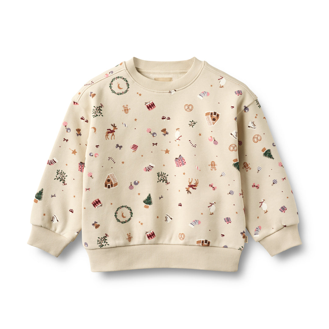 cremefarbenes Sweatshirt für Mädchen aus Bio-Baumwolle mit bunten Weihnachts-Motiven im Allover-Print