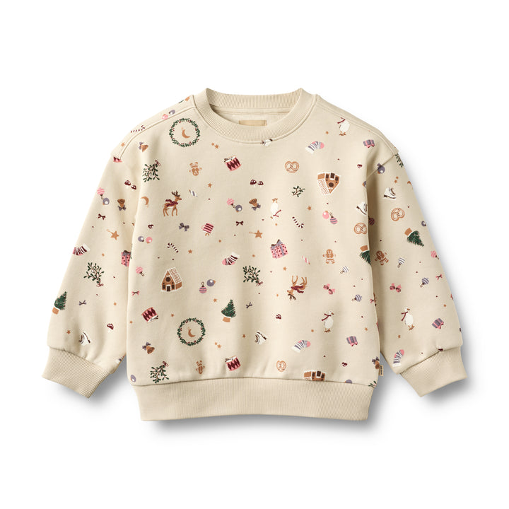 cremefarbenes Sweatshirt für Mädchen aus Bio-Baumwolle mit bunten Weihnachts-Motiven im Allover-Print