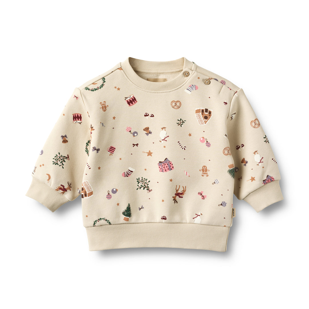 cremefarbenes Sweatshirt für Baby-Mädchen aus Bio-Baumwolle mit bunten Weihnachts-Motiven im Allover-Print