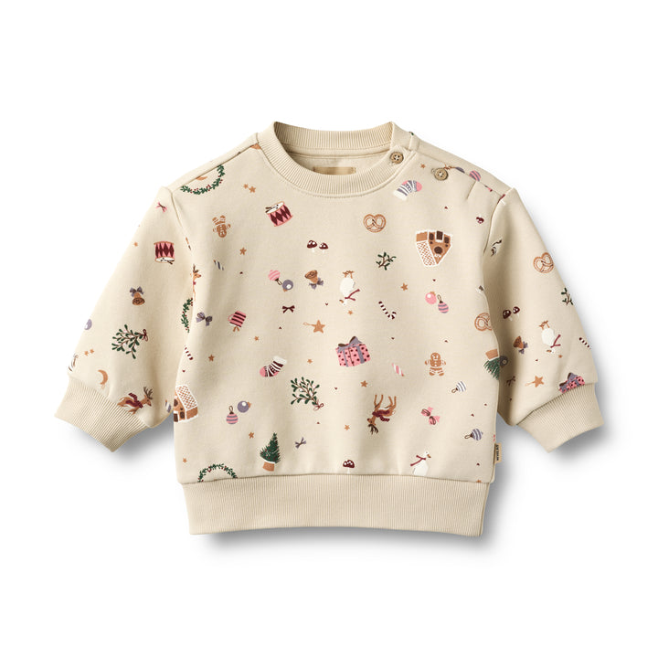 cremefarbenes Sweatshirt für Baby-Mädchen aus Bio-Baumwolle mit bunten Weihnachts-Motiven im Allover-Print