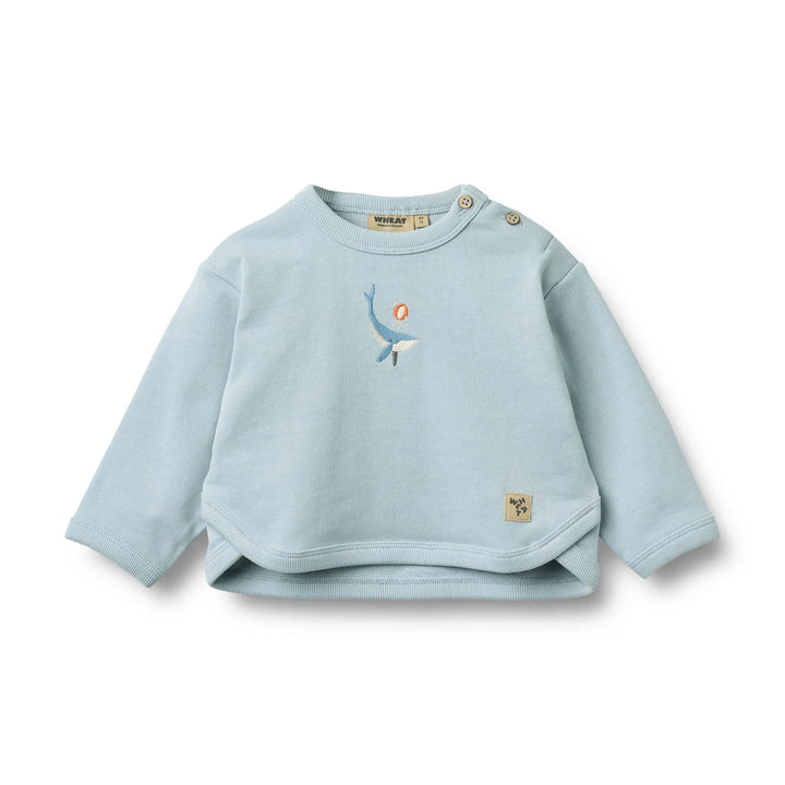 hellblaues Sweatshirt für Babys aus 100% GOTS zertifizierter Bio-Baumwolle in weicher Jersey-Qulität mit einem kleinen aufgestickten Wal auf Höhe der Brust, Rundhalsausschnitt und Knöpfen auf der linken Schulter, Ansicht von vorne