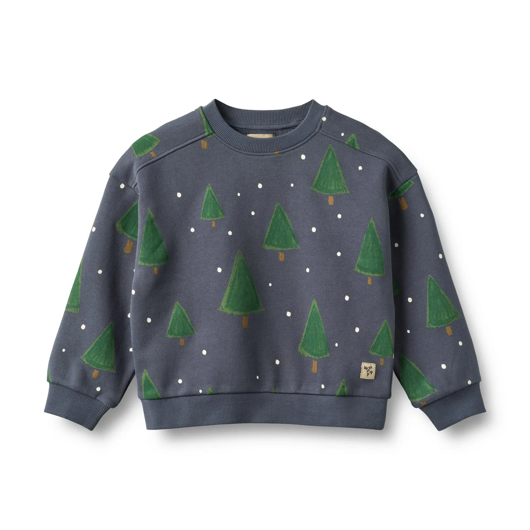 Sweatshirt für Jungen in dunkelblau aus Bio-Baumwolle mit grünem Tannenbaum-Allover-Print