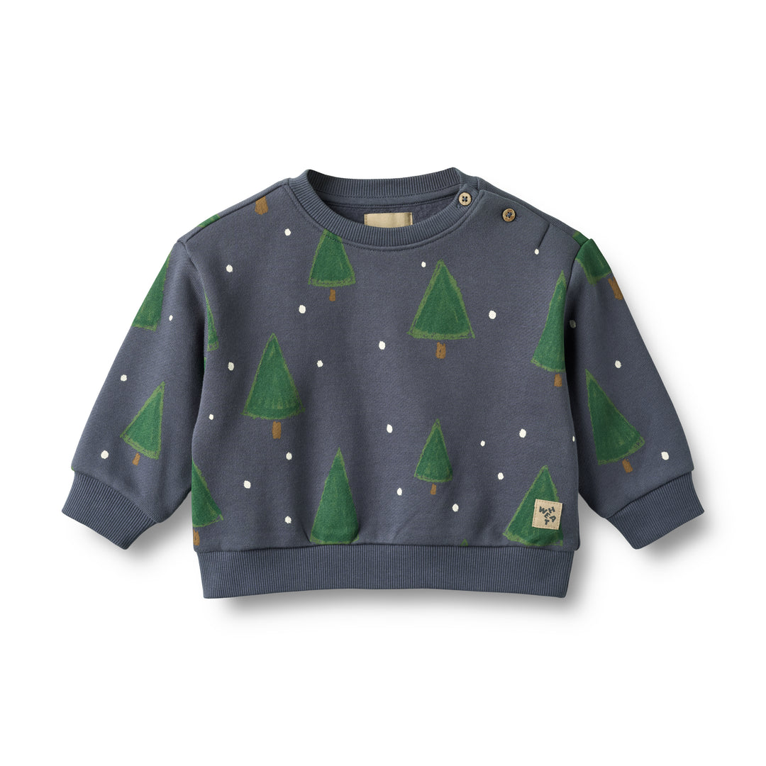 Sweatshirt für Baby-Jungen in dunkelblau aus Bio-Baumwolle mit grünem Tannenbaum-Allover-print