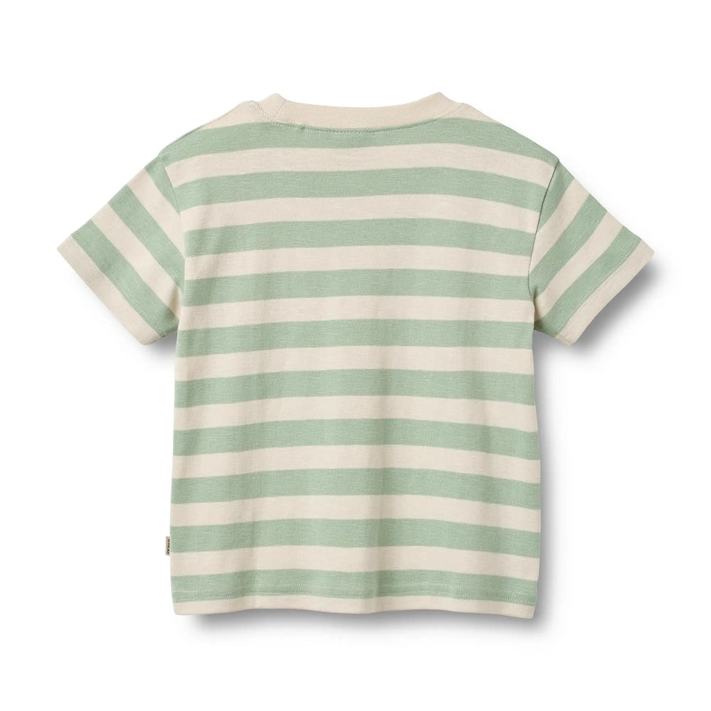 Wheat T-shirt S/S Liam mint stripe Produktbild, Ansicht der Rückseite, Blockstreifen