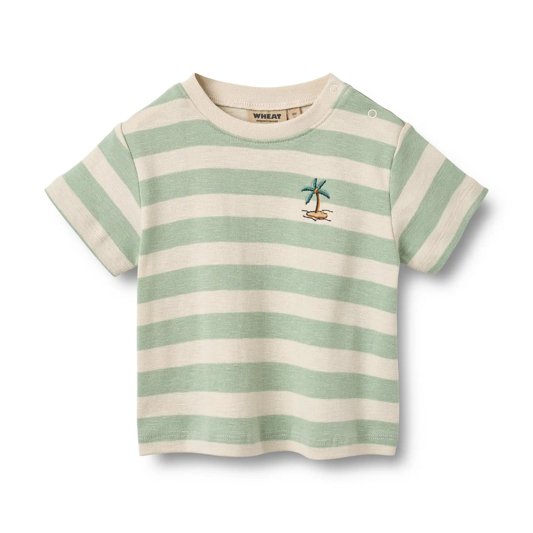 Wheat T-shirt S/S Liam mint stripe Produktbild, T-Shirt mit Druckknöpfen bis Größe 92, Ansicht von vorne