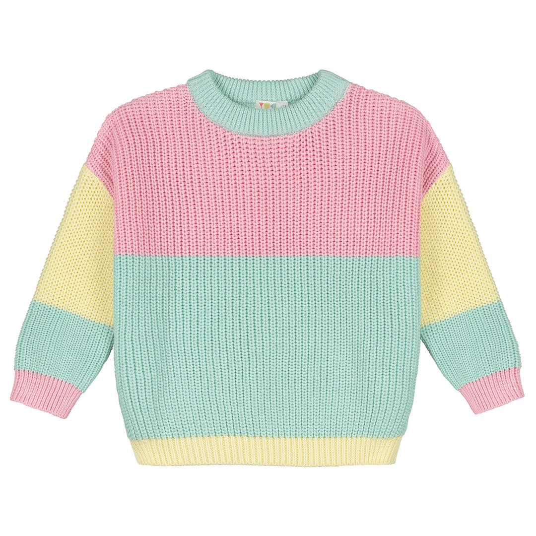 Grobstrick-Pullover aus Bio-Baumwolle für Mädchen im Color Block Stil in den Farben hellgelb, hellrosa und helles mintgrün mit Rundhalsausschnitt und gerippten Bündchen
