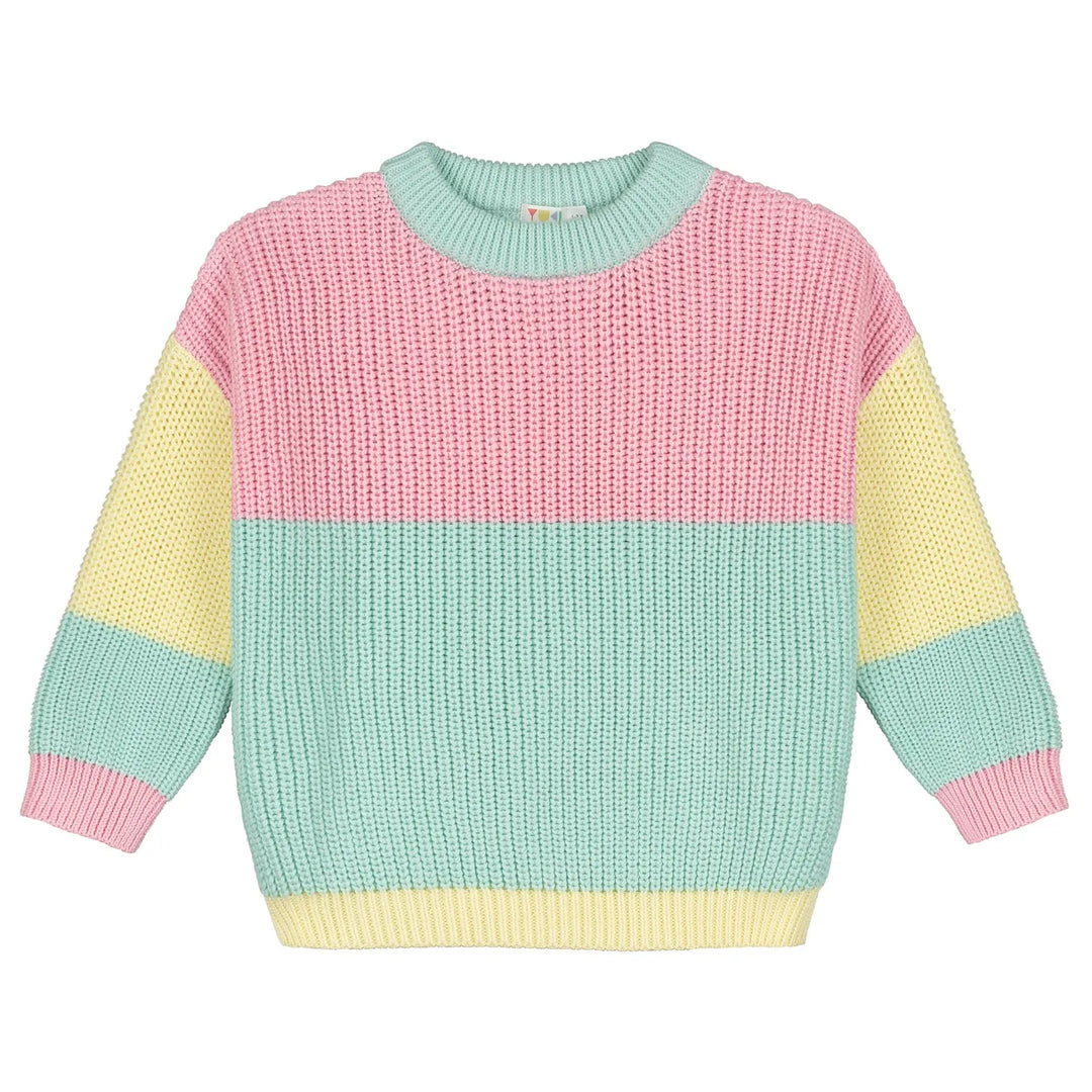 Grobstrick-Pullover aus Bio-Baumwolle für Mädchen im Color Block Stil in den Farben hellgelb, hellrosa und helles mintgrün mit Rundhalsausschnitt und gerippten Bündchen