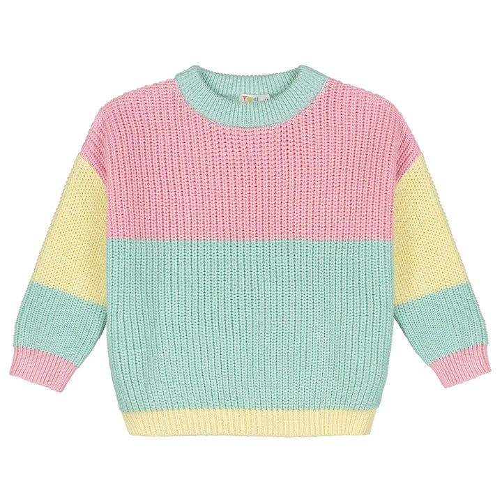Grobstrick-Pullover aus Bio-Baumwolle für Mädchen im Color Block Stil in den Farben hellgelb, hellrosa und helles mintgrün mit Rundhalsausschnitt und gerippten Bündchen
