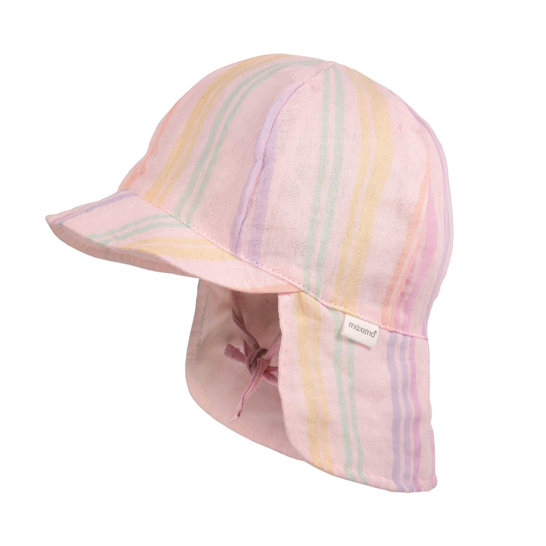 rosafarbene Schildmütze für Mädchen aus Bio-Baumwolle mit pastellfarbenen Streifen, Sonnenschutz-Krempe vorne, Nackenschutz hinten, Bindeband, Bild von der Seite 