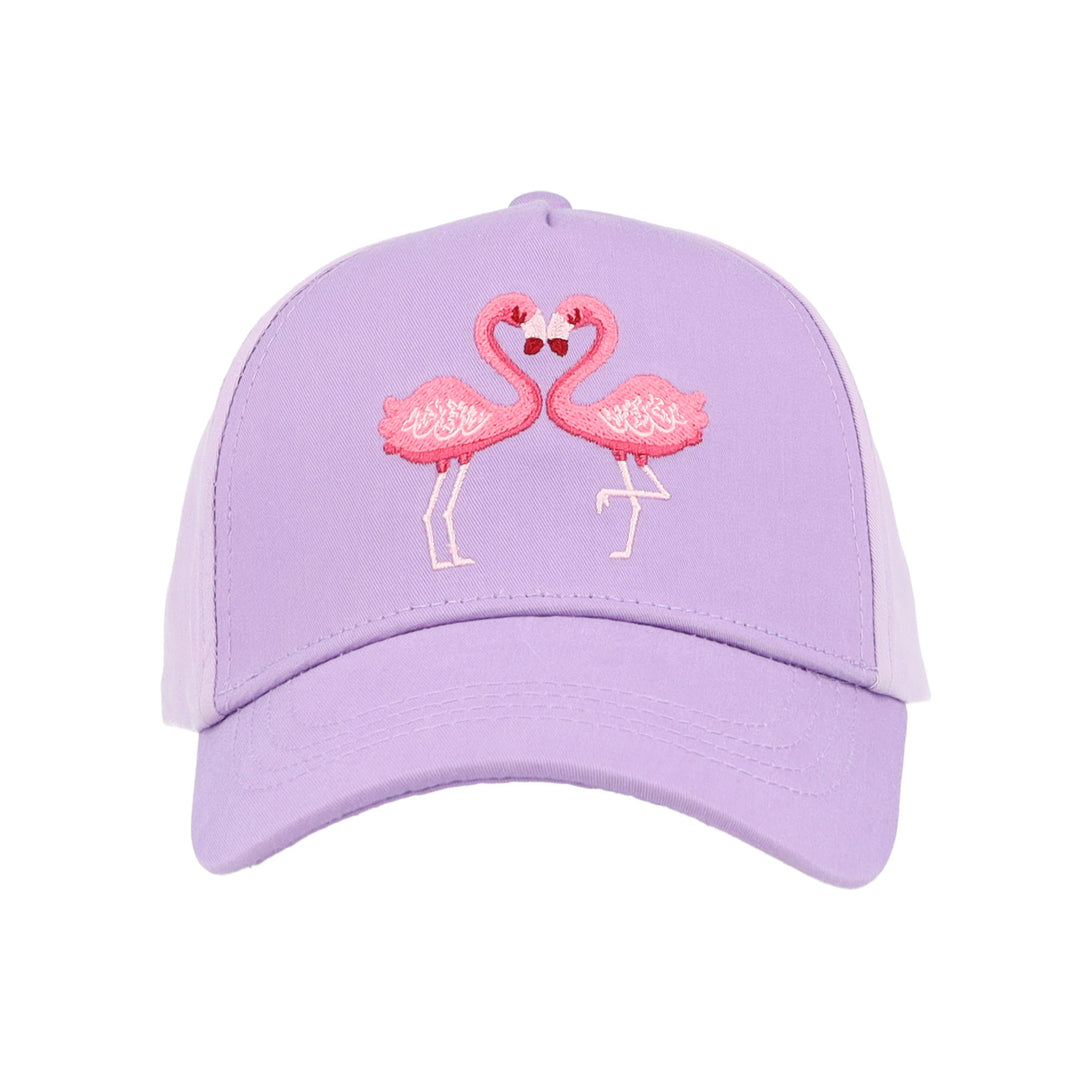 maximo KIDS GIRL-Cap Flamingo flieder Produktbild, Ansicht von vorne, Blick auf aufgestickte Flamingos