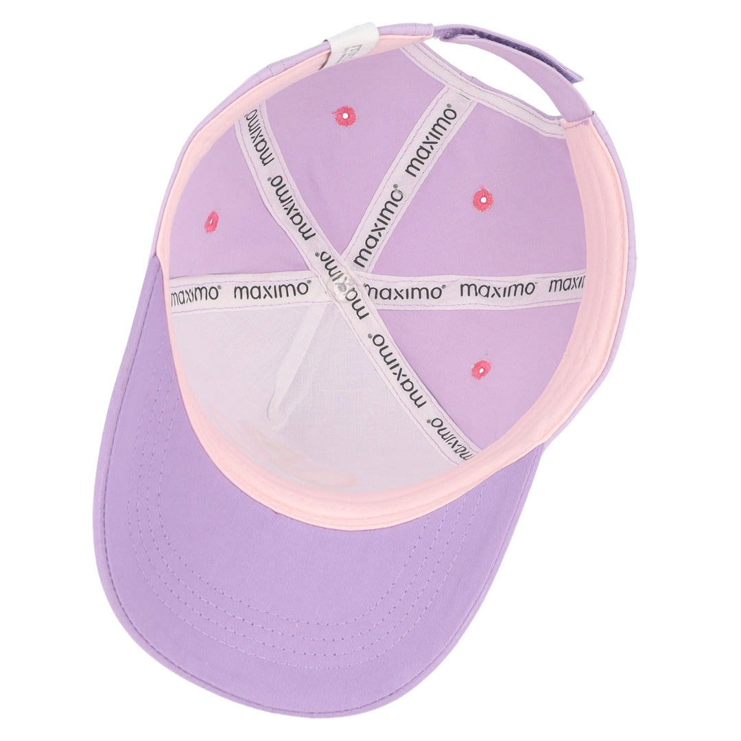maximo KIDS GIRL-Cap Flamingo flieder Produktbild, Ansicht der Innenseite, fliederfarben, Maximo-Schriftzug und Belüftungslöcher